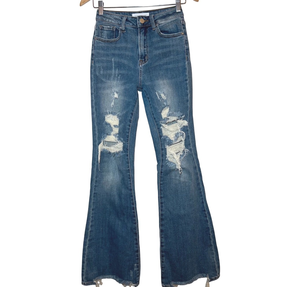 Risen Jeans High Waist Distressed Trumpet Flare Jeans Medium Wash Size 1 25‎